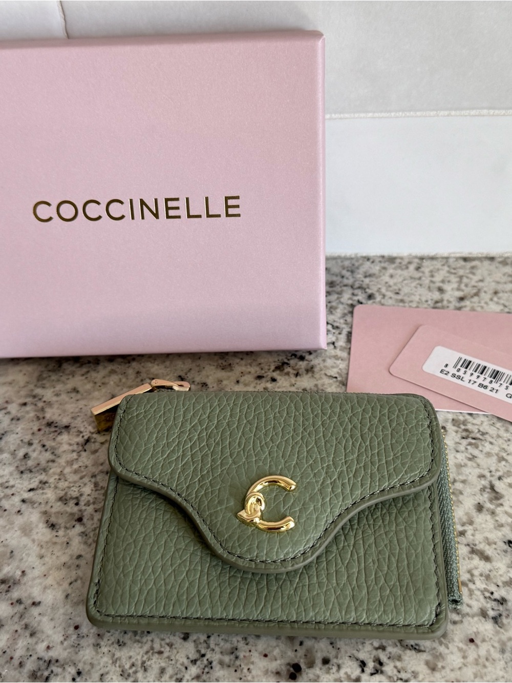 Coccinelle Olive Green Pebbled Leather Zip Wallet Gold Hardware